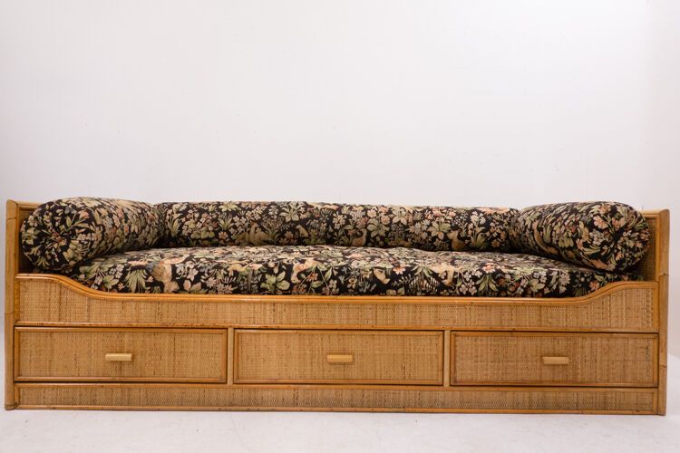 Canapé moderne en bambou et rotin du milieu du siècle avec tiroirs, Italie années 1960