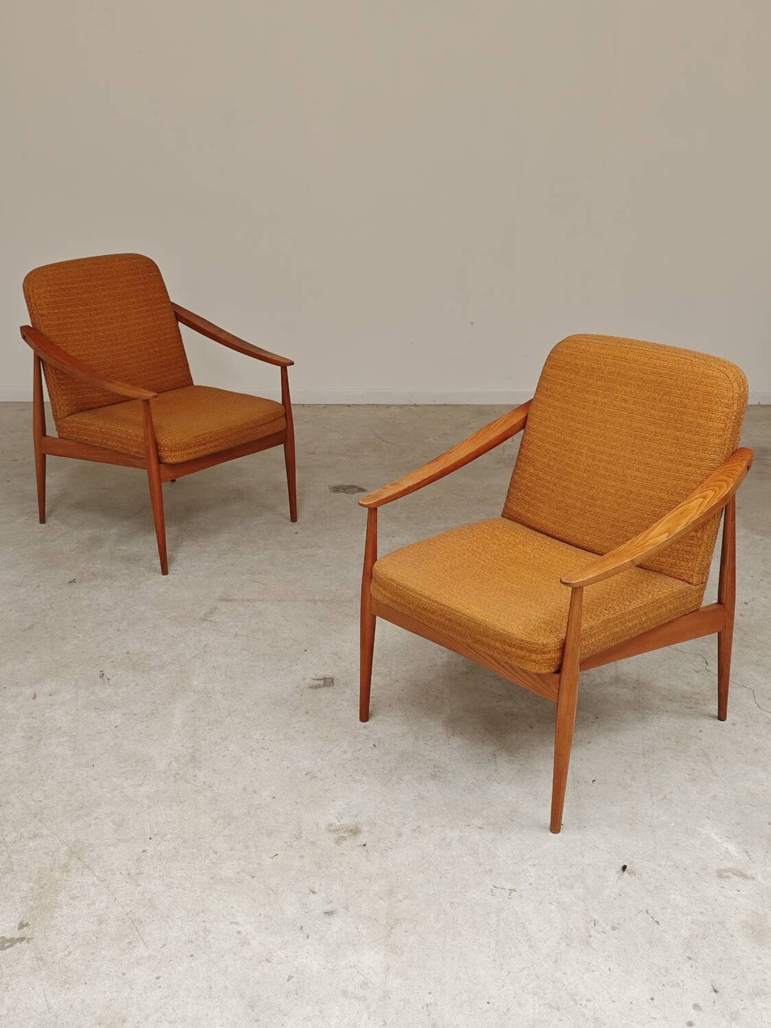 Pair of Czech armchairs in mustard flecked fabric, 1960.