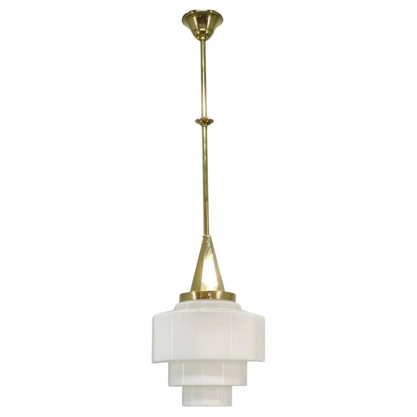 Art Deco Brass Pendant with Geometric Opaline Glass, Czechoslovakia 1930s