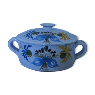 Pot à couvercle et anses bonbonnière en céramique vernissee decor floral