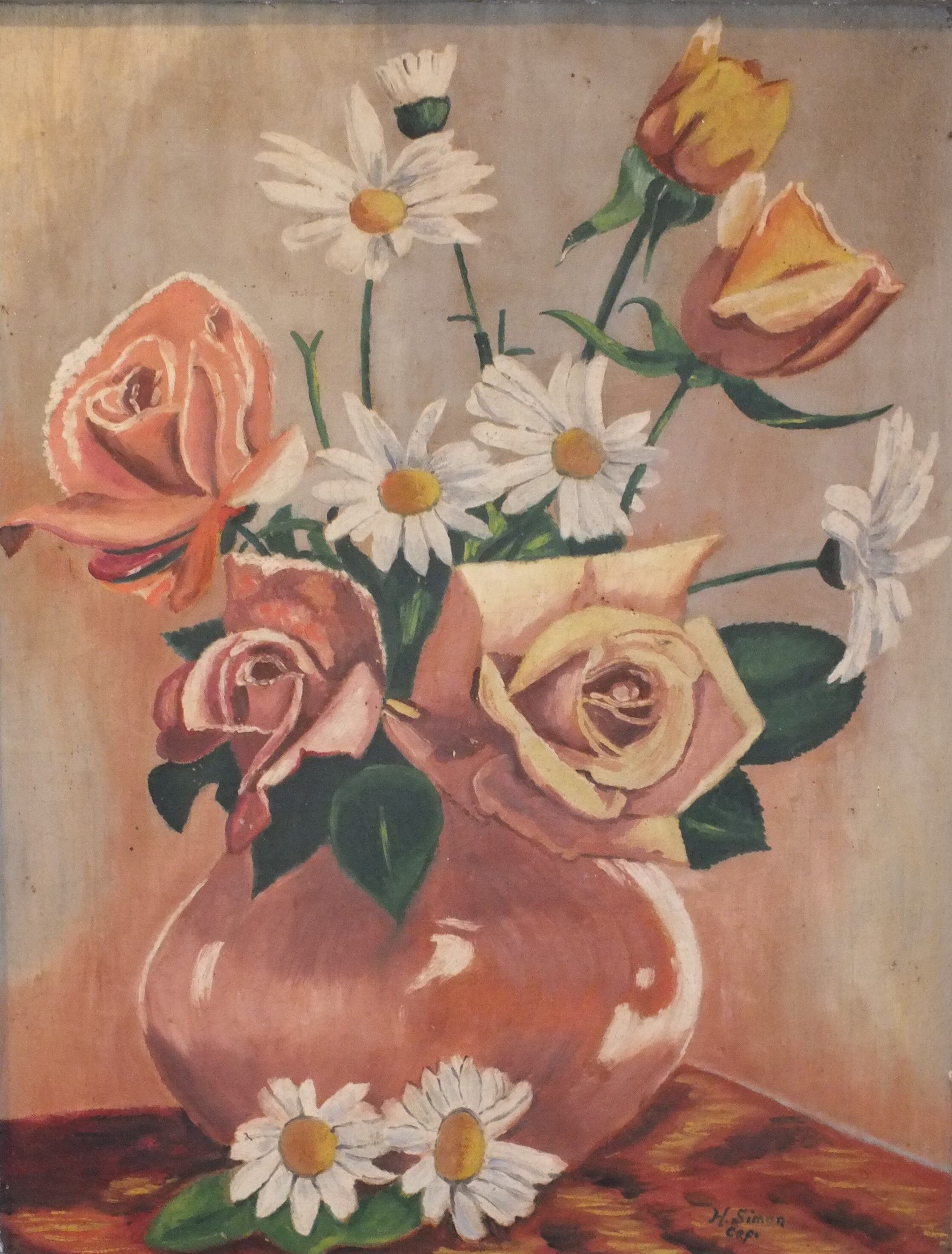 Oil painting on canvas signed H.Simon Bouquet of flowers 1930