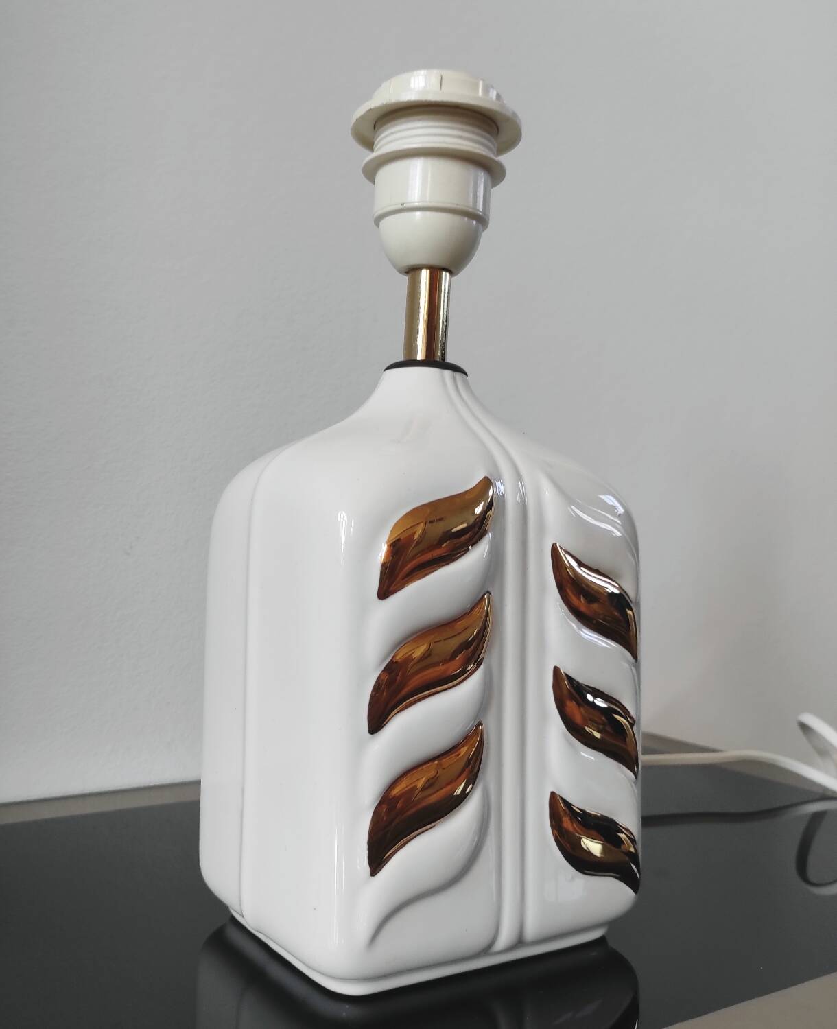 Vintage lamp base, white and gold ceramic, 70s.