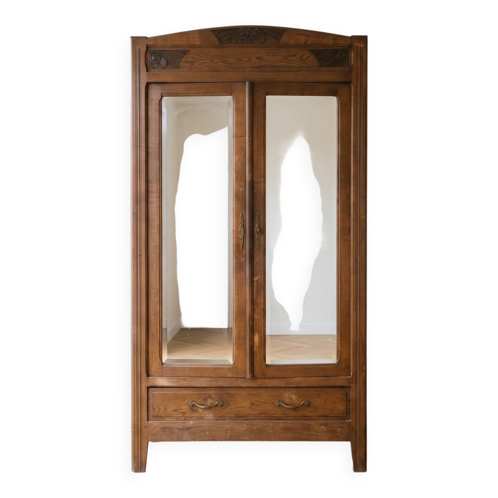 Art Deco wardrobe in solid oak with mirrors