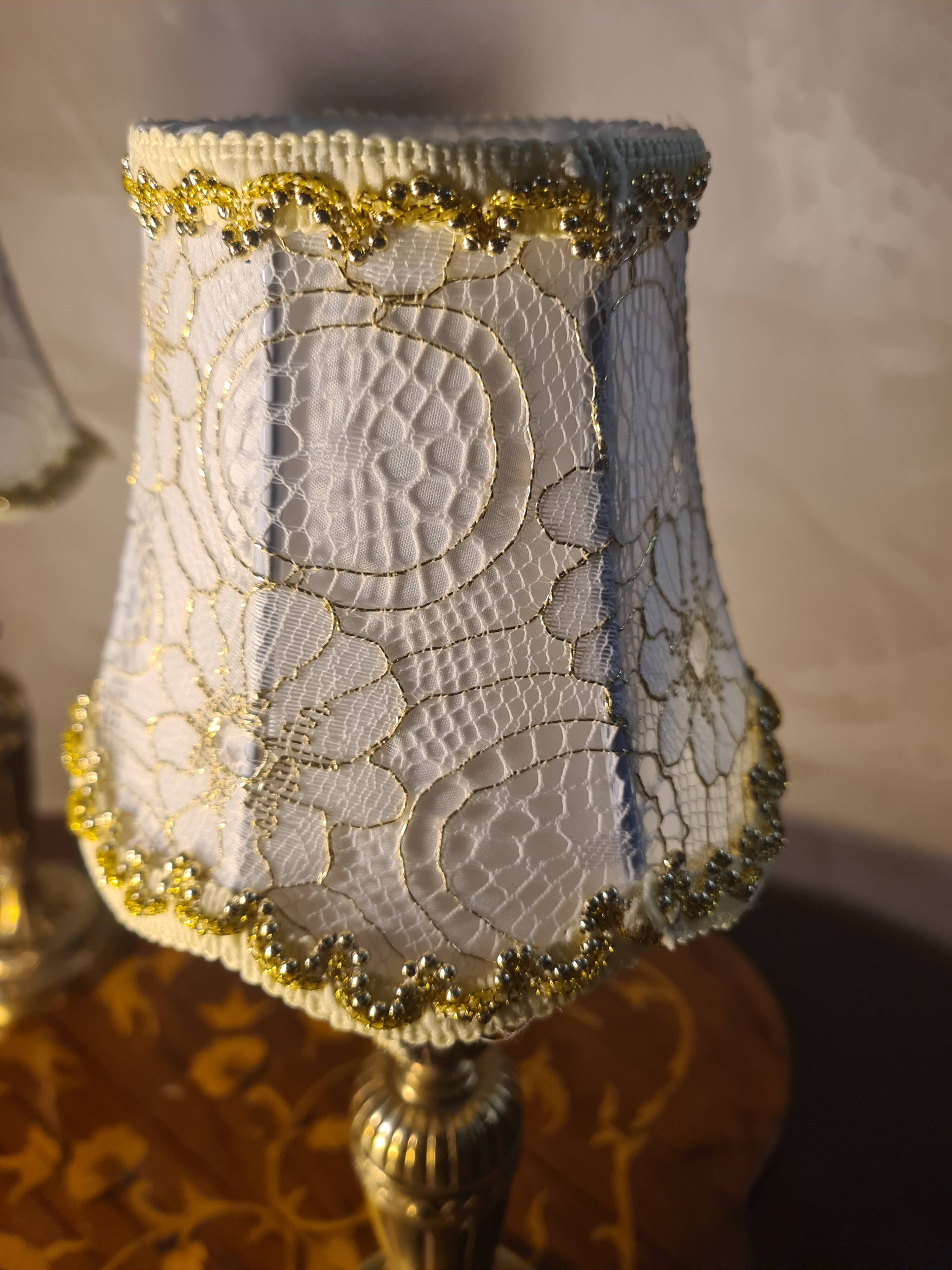 pair of Empire brass bedside lamps 34x14 electric working embroidered lampshade very beautiful