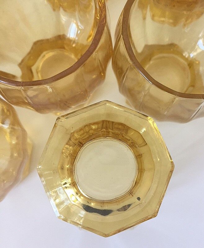 8 old amber-cut glass glasses