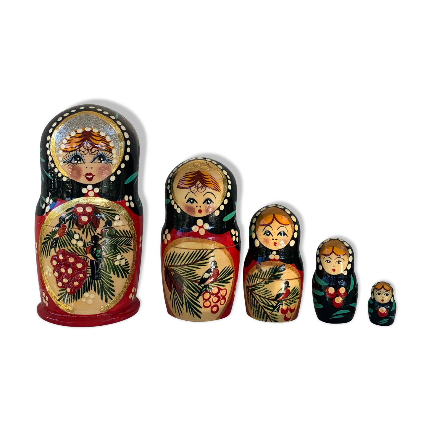 5 Russian matryoshka dolls made of folk and vintage handmade wood