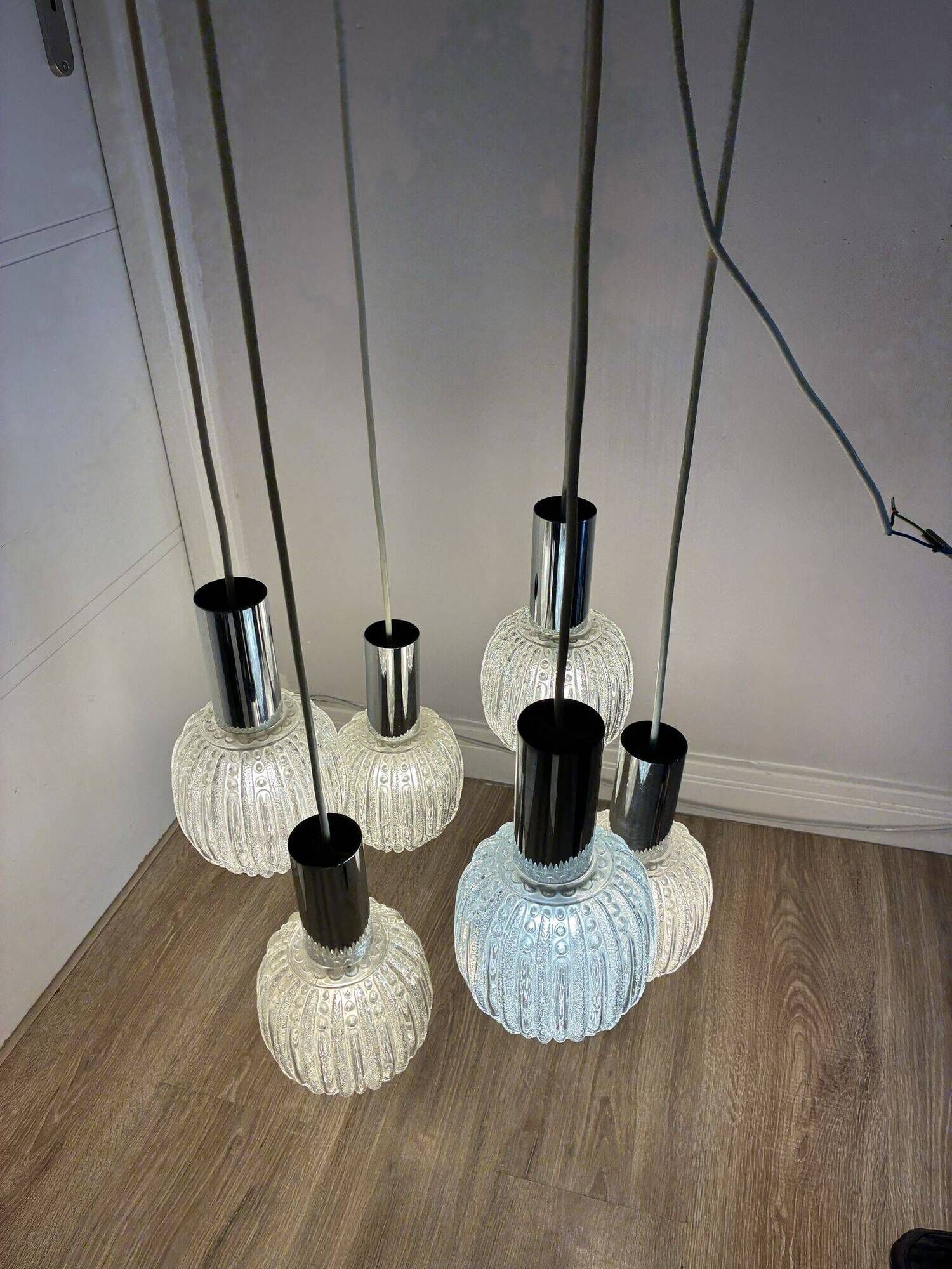 Sölken Leuchten cascade pendant lamp, textured glass and chrome, 1970s