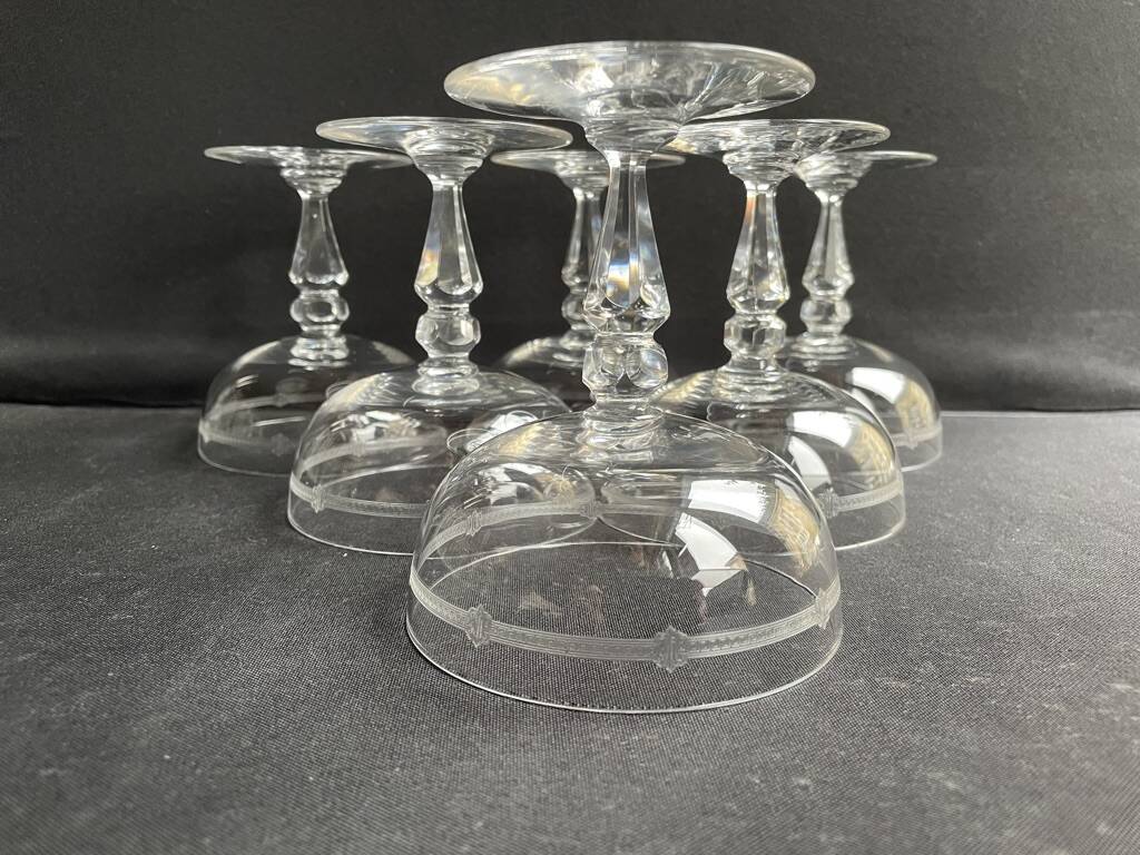 6 champagne glasses in light blown, cut and guilloché crystal