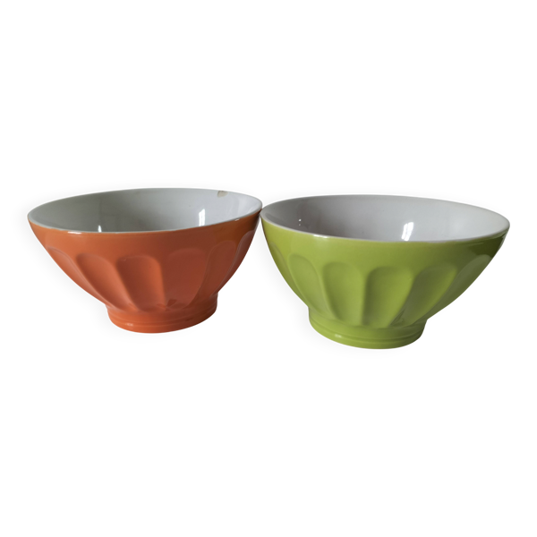 2 grands bols de ferme vintage vert anis et orange