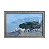 Vintage Mid-Century Modern "The Mediterranean" Swedish Coastal Scape Oil Painting, Framed