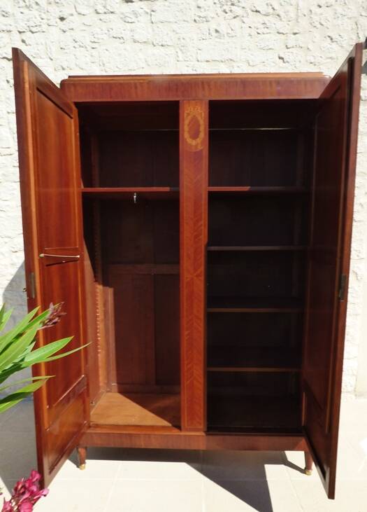 Old wardrobe with marquetry 2 mirror doors