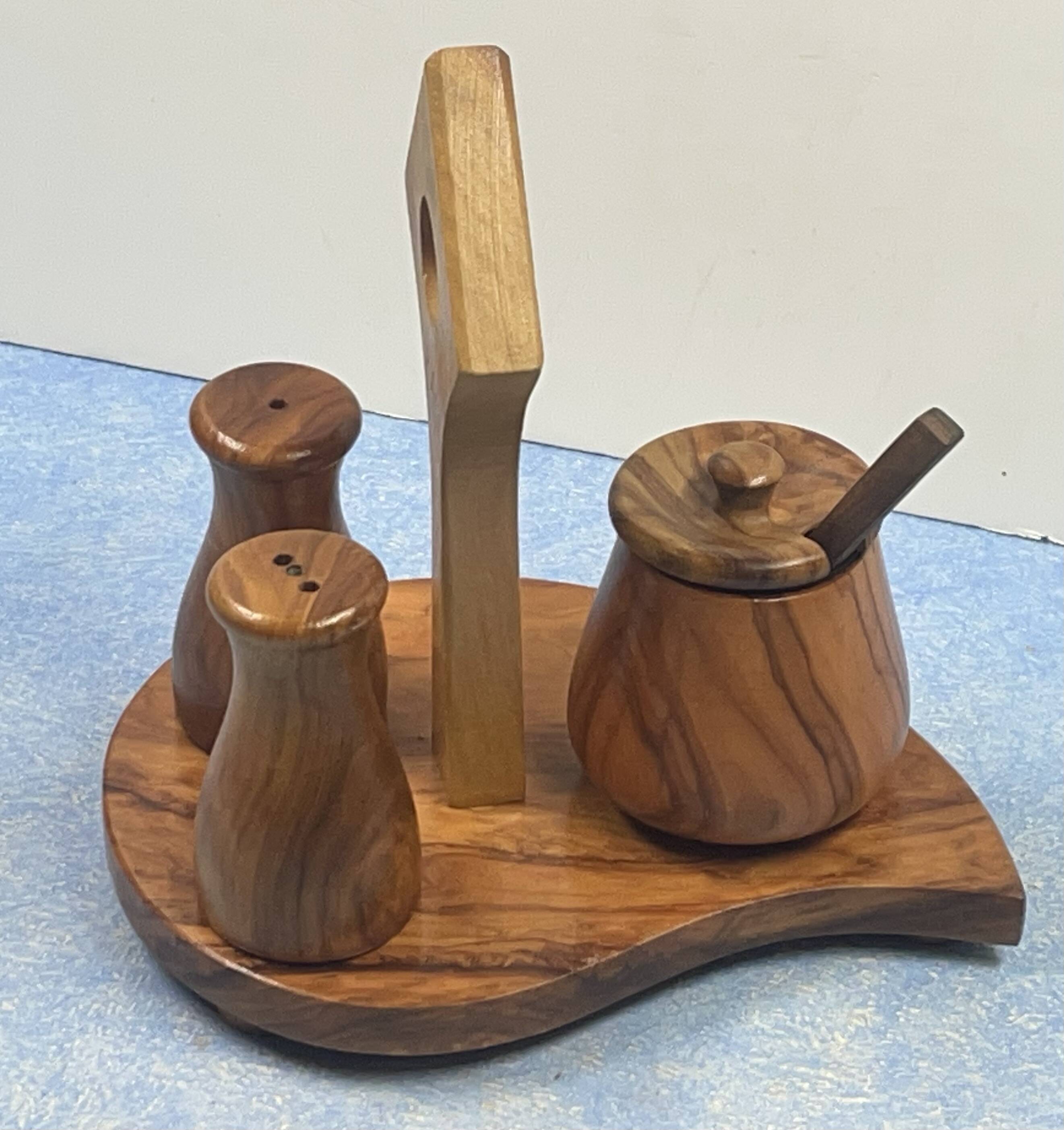 elegant table servant for condiment in olive wood, vintage