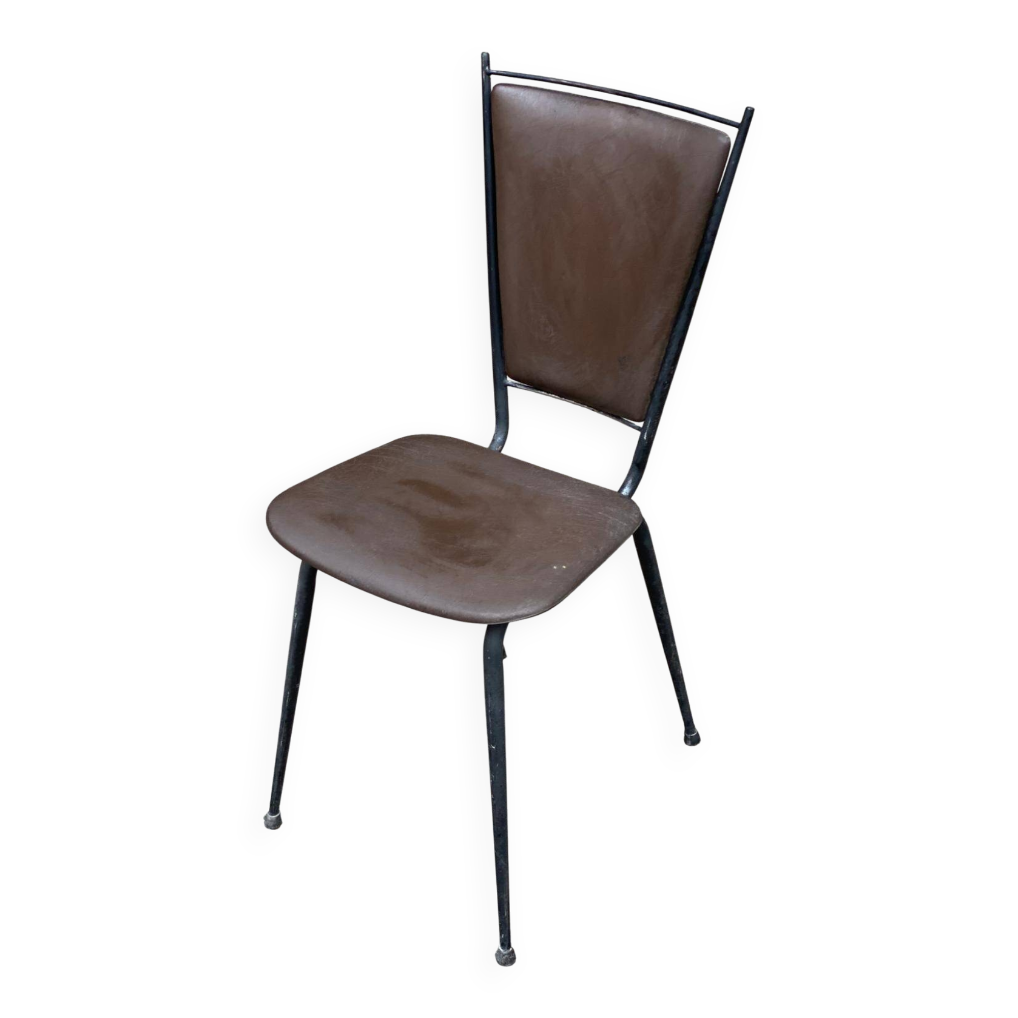 Scandinavian petal chair in brown leather and black metal 1960