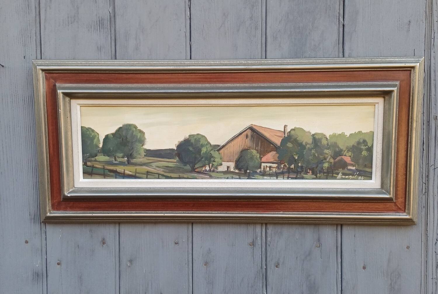 Oil painting on canvas Swiss Chalet Farm signed Boegli