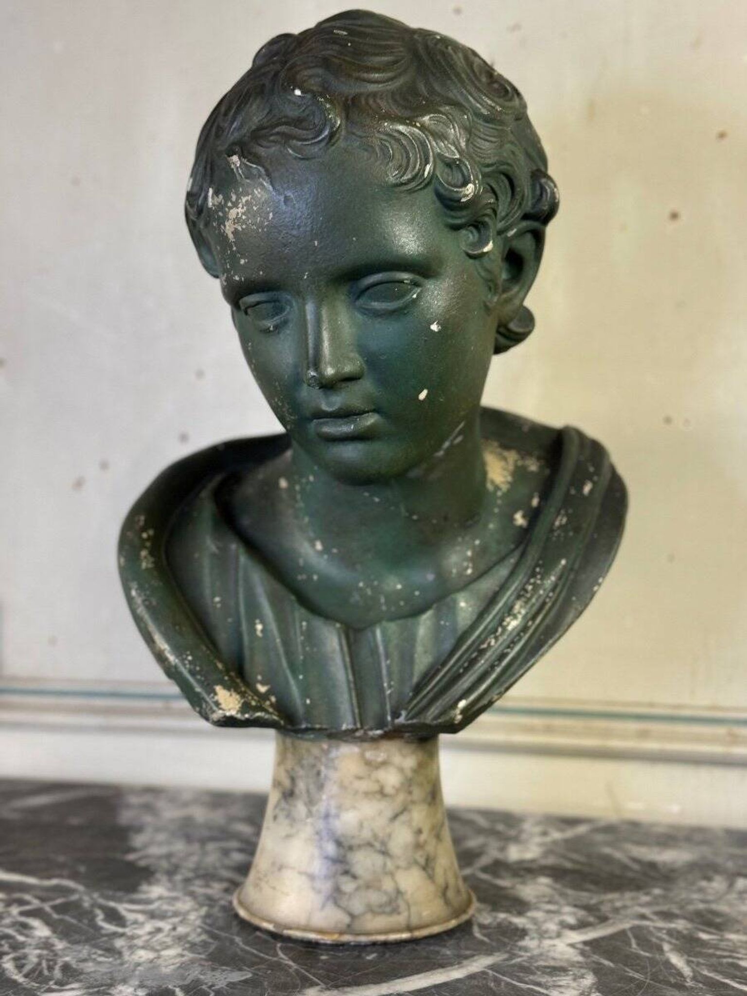 Young Boy, Plaster Bust with Green Patina, Circa 1900