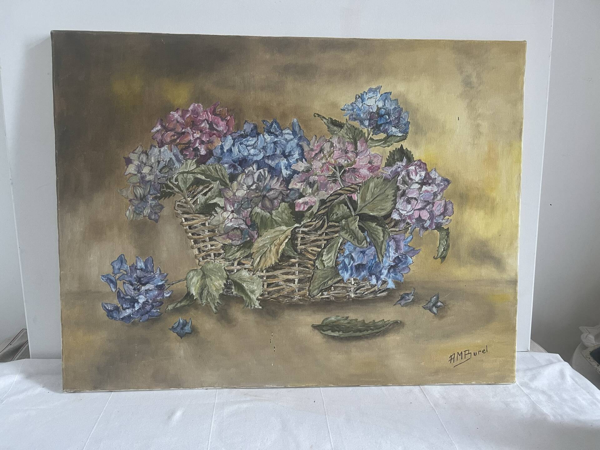 Old oil on canvas bouquet of hydrangeas signed