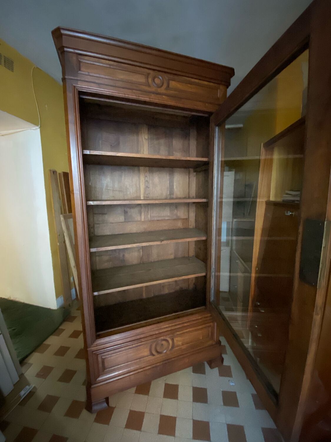 Walnut display cabinet with drawer