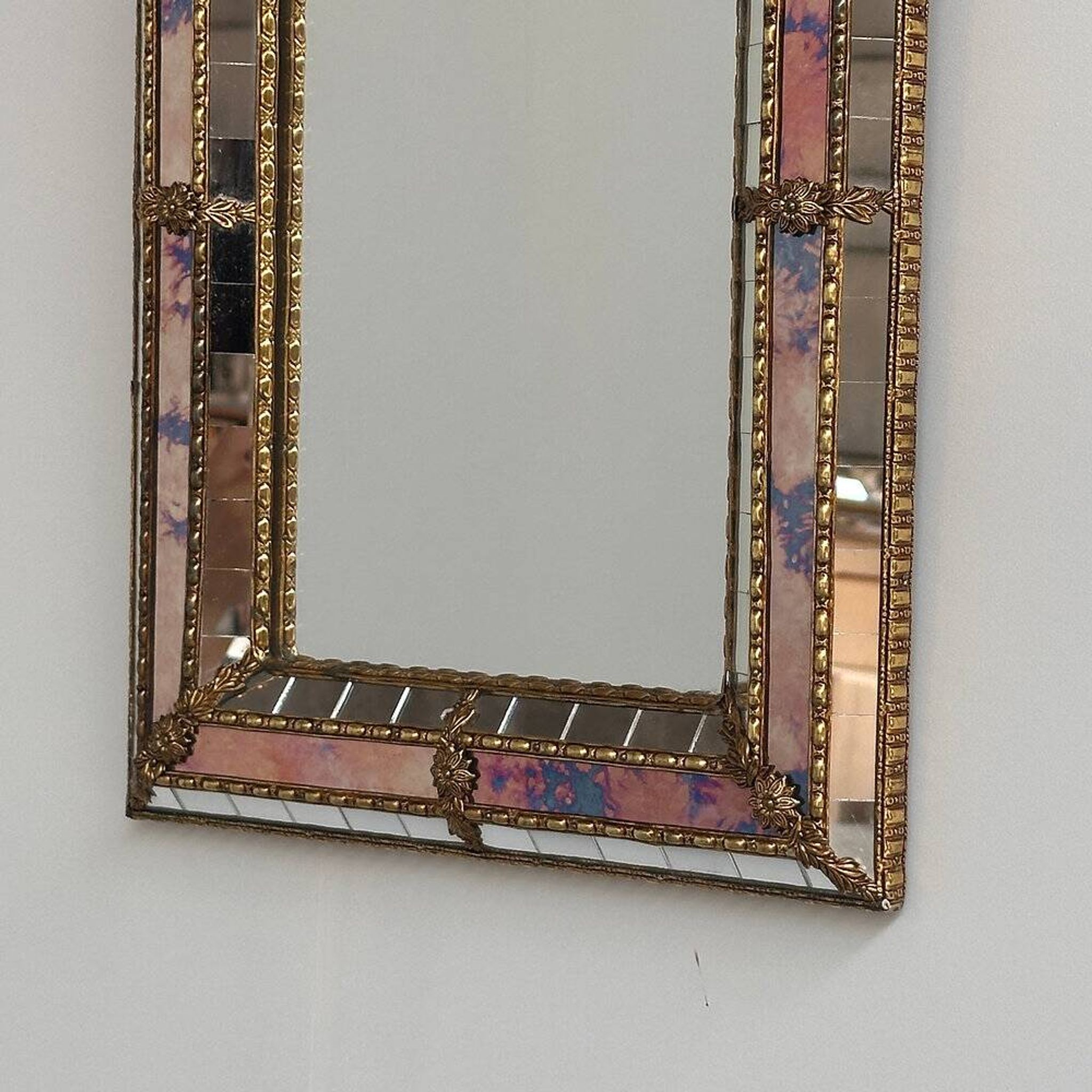 Small Spanish brass & mosaic mirror with stained pink glass, 1980s