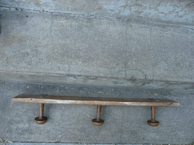 Wooden wall coat holder with 3 vintage hooks
