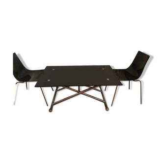 Table relevable en verre teinté noir et acier + chaises