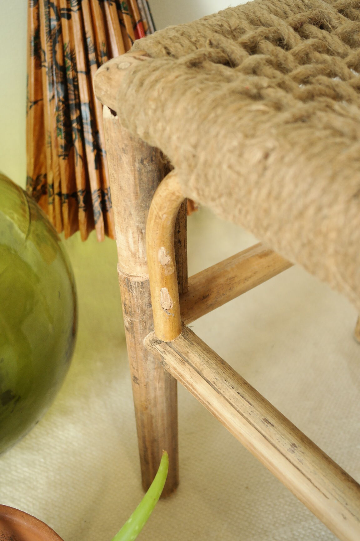 Vintage handcrafted bamboo and rope stool