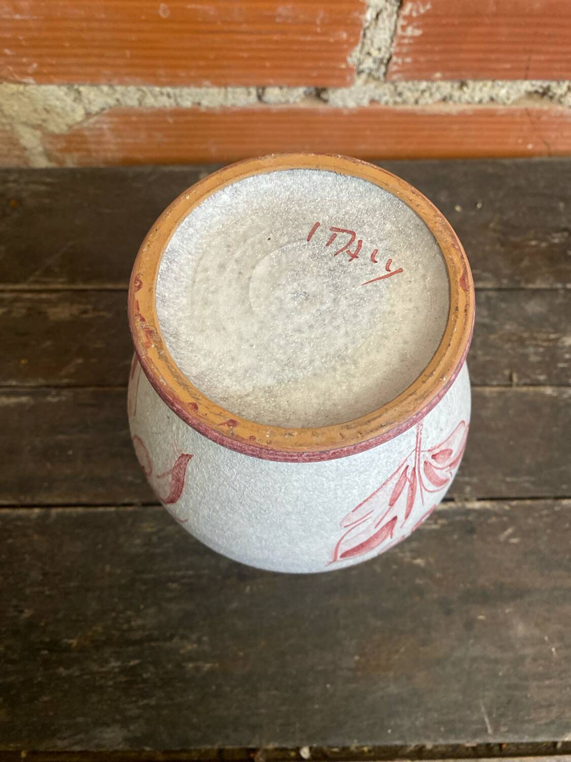 Vintage White Ceramic Vase with Pink Flower Decoration Made in Italy