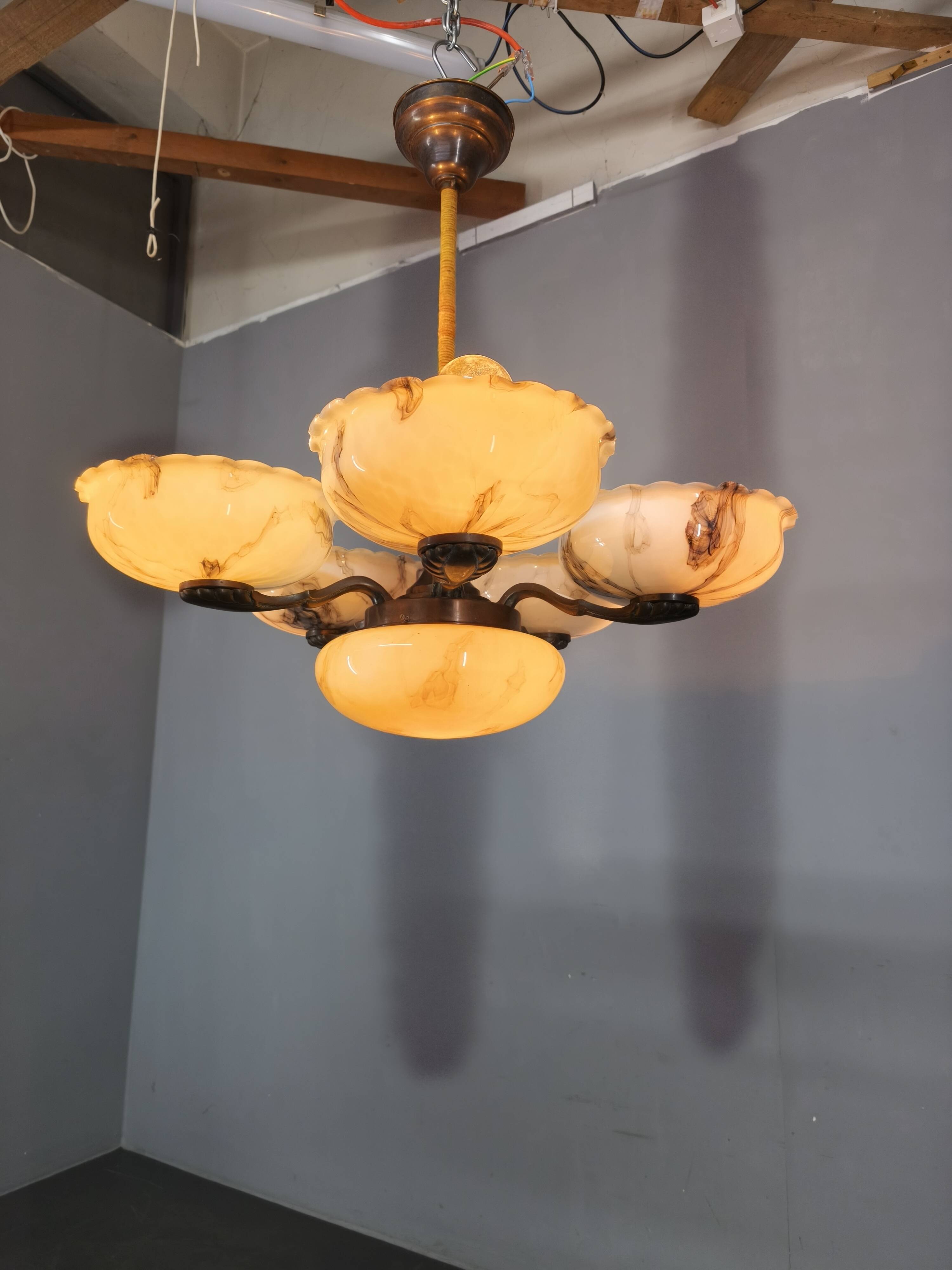 1940s Czech Art Deco Brass Opaline Glass Chandelier