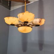 1940s Czech Art Deco Brass Opaline Glass Chandelier