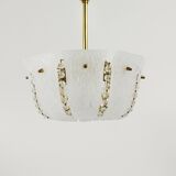 J.T. Kalmar Petite curved suspension basket, brass and glass, Austria, 1950s