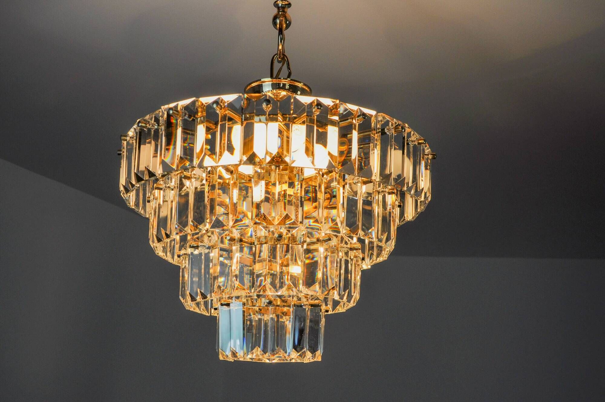 Kinkeldey chandelier, gold, cut glass, 4 levels, Germany, 1970