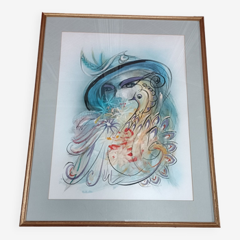 Watercolor gouache under frame, woman with peacock, 1984