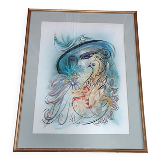 Watercolor gouache under frame, woman with peacock, 1984