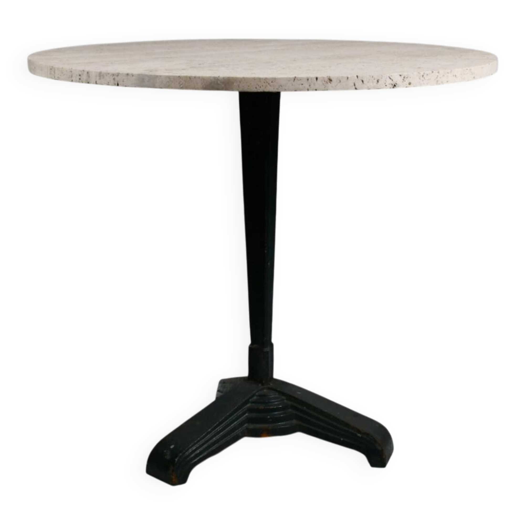 Vintage travertine bistro/dining table, solid metal base. (A)