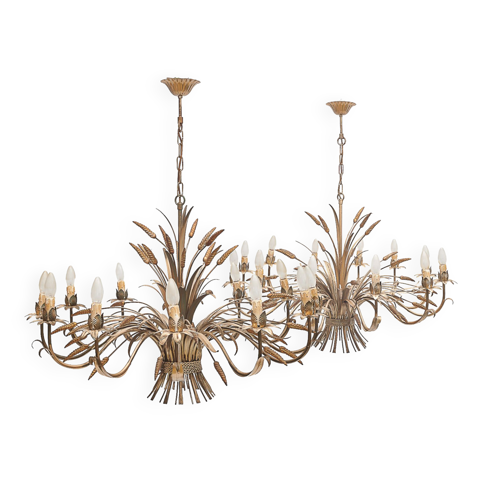 Pair of 12-burner wheat sheaf chandeliers by Hans Kogl