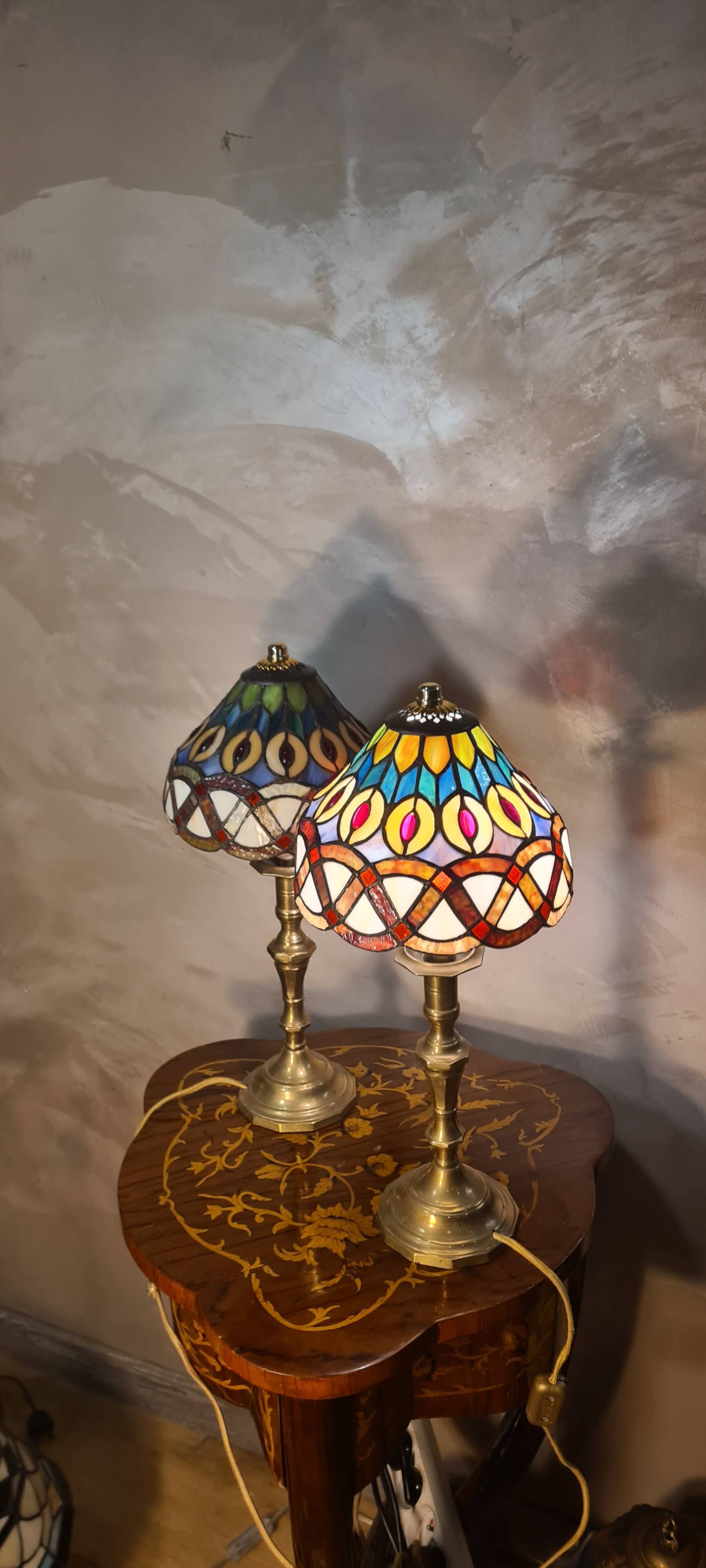 set of antique brass lamps with handmade stained glass, style