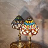 set of antique brass lamps with handmade stained glass, style