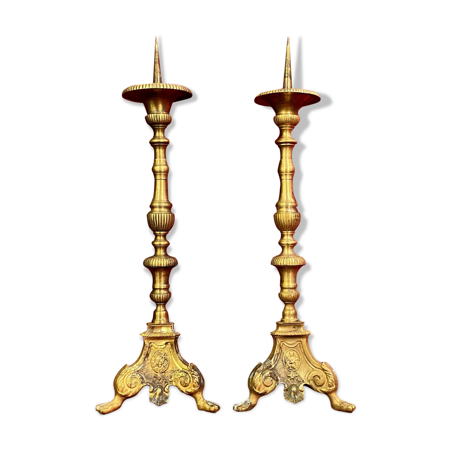 Pair of napoleon III era candle spikes in gilded bronze around 1850