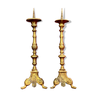Paire de piques cierges époque Napoléon III en bronze doré vers 1850