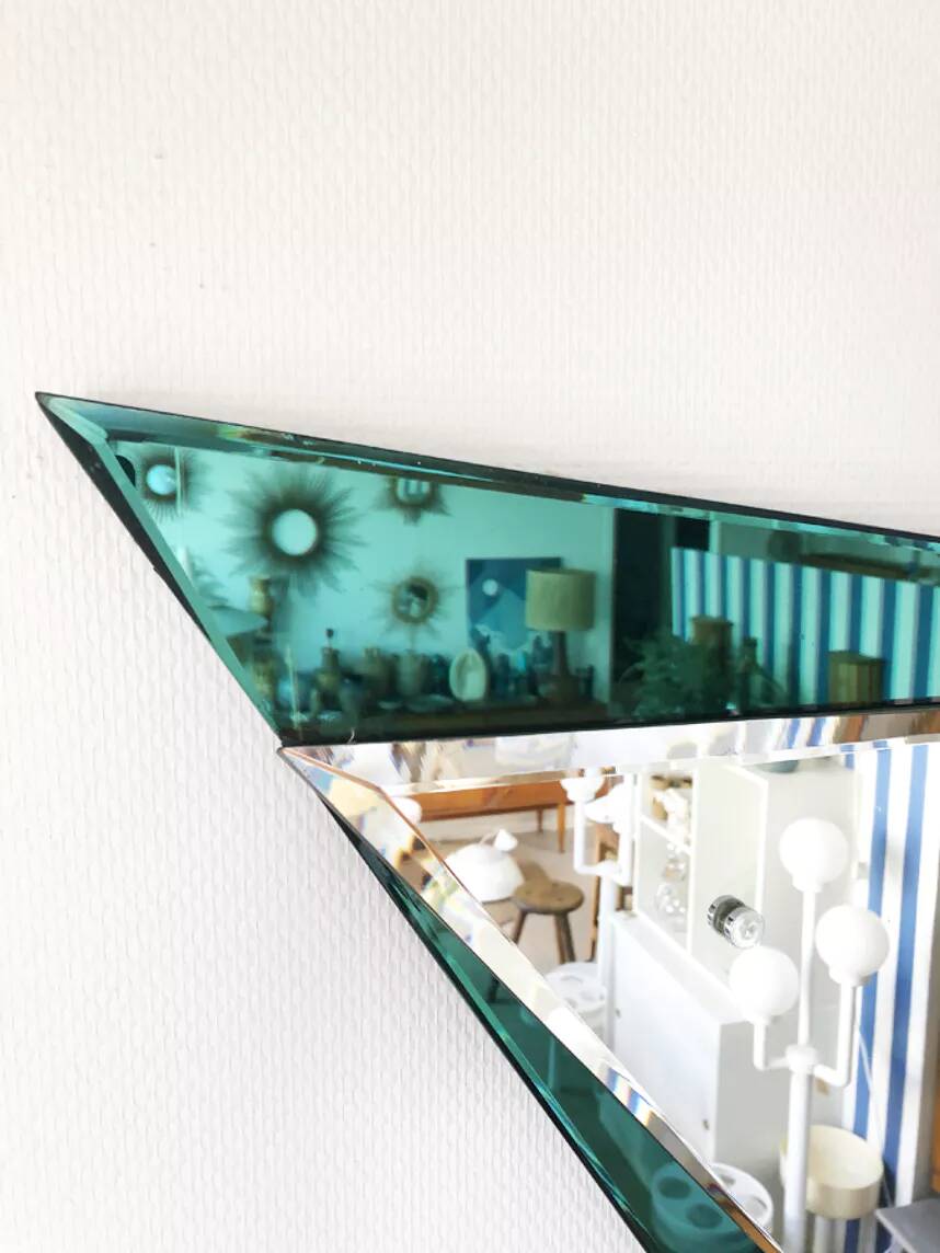 Emerald green geometric mirror – Italy, 1970s/1980s