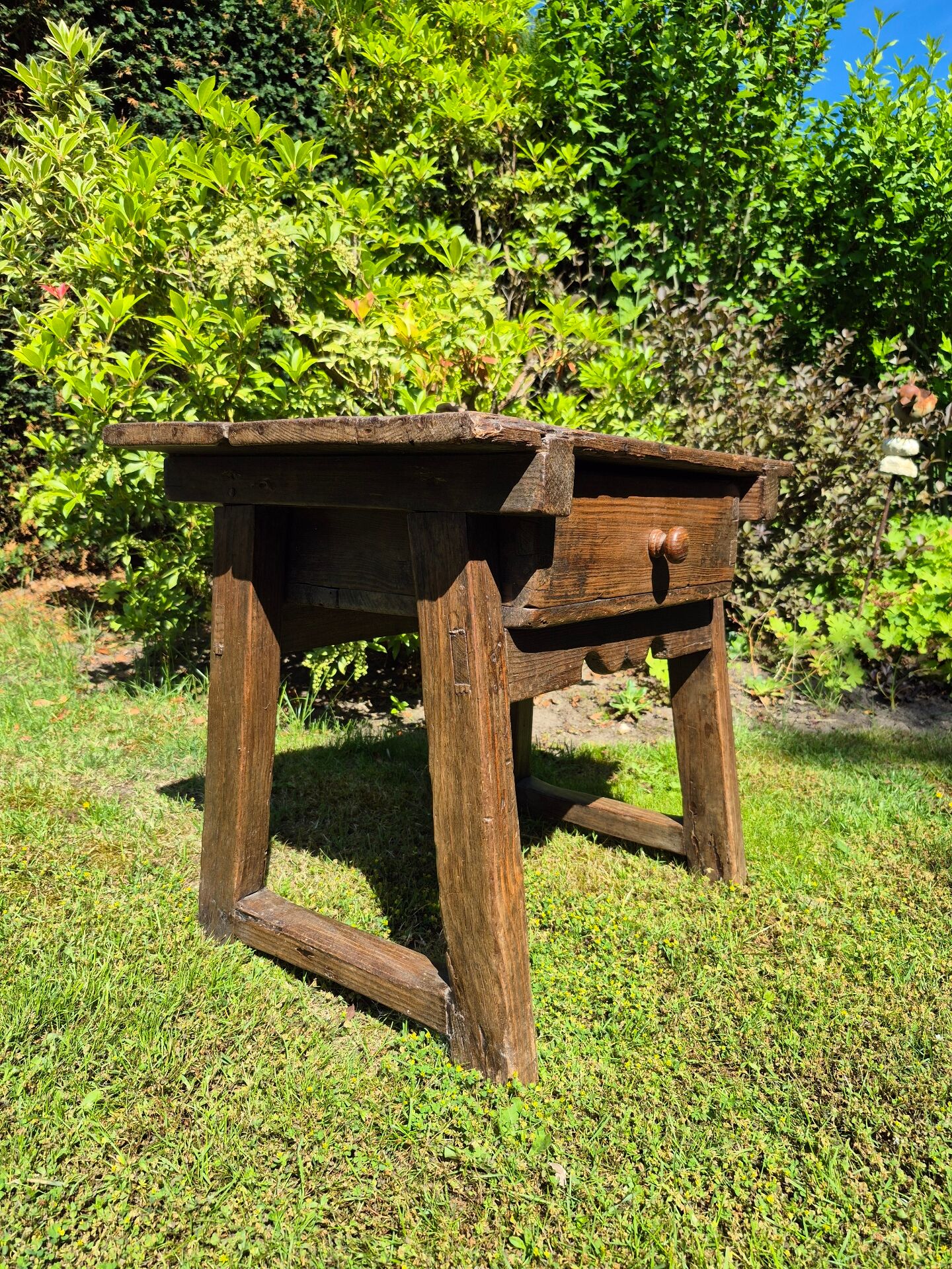 Antique Spanish side table pine rustic pay table with drawer