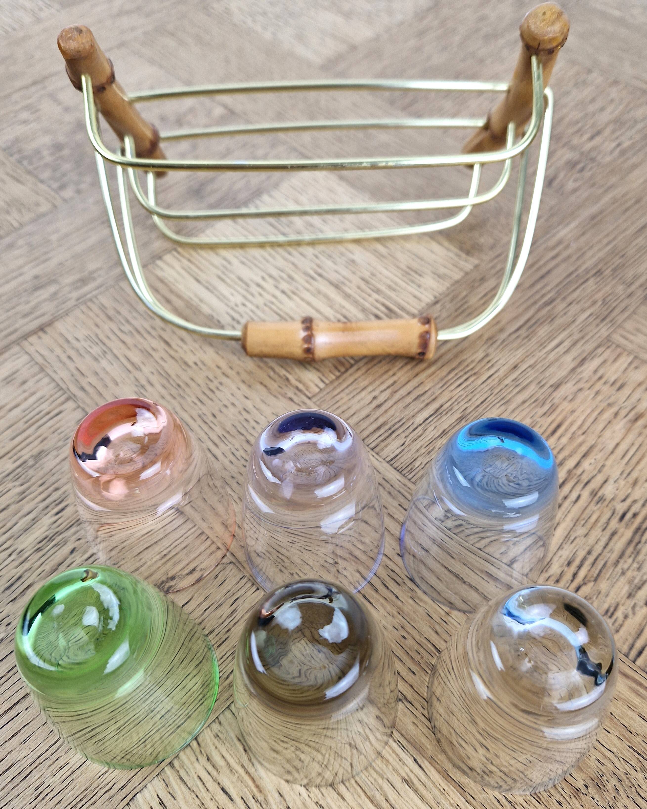 6 Old multicoloured liqueur glasses with bamboo stand