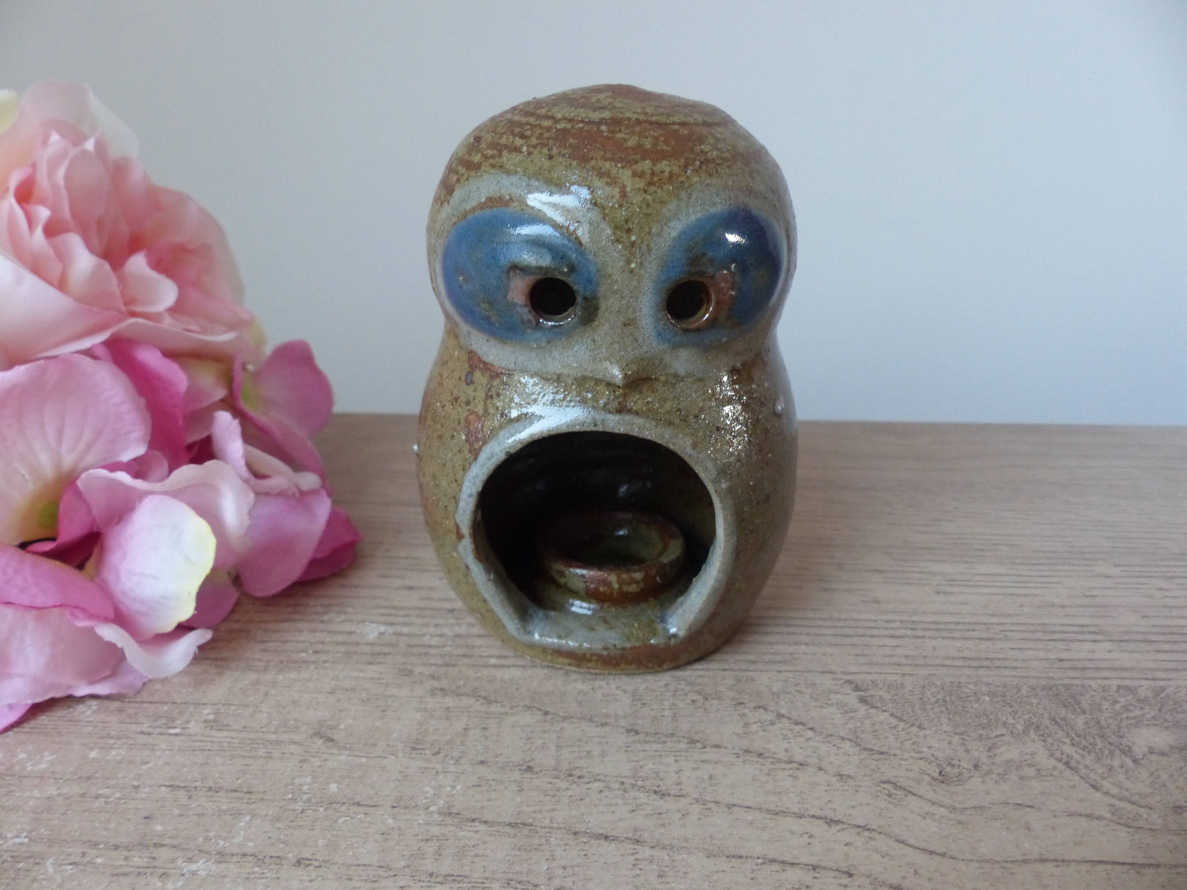 Pyrite Stoneware Owl Candle Holder, Vintage Pottery Owl Fragrance Burner