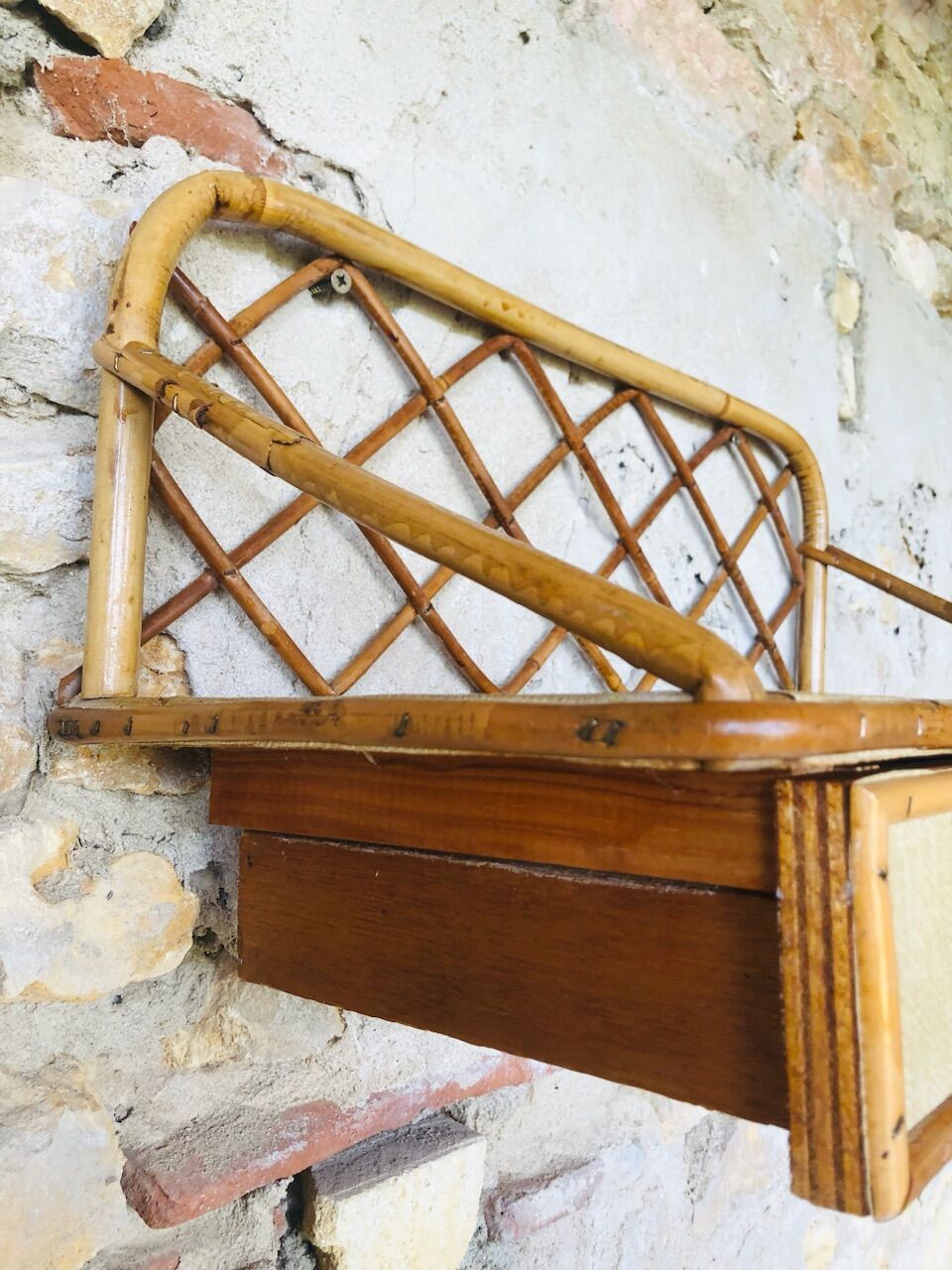 Vintage rattan wall shelf with storage, Circa 60