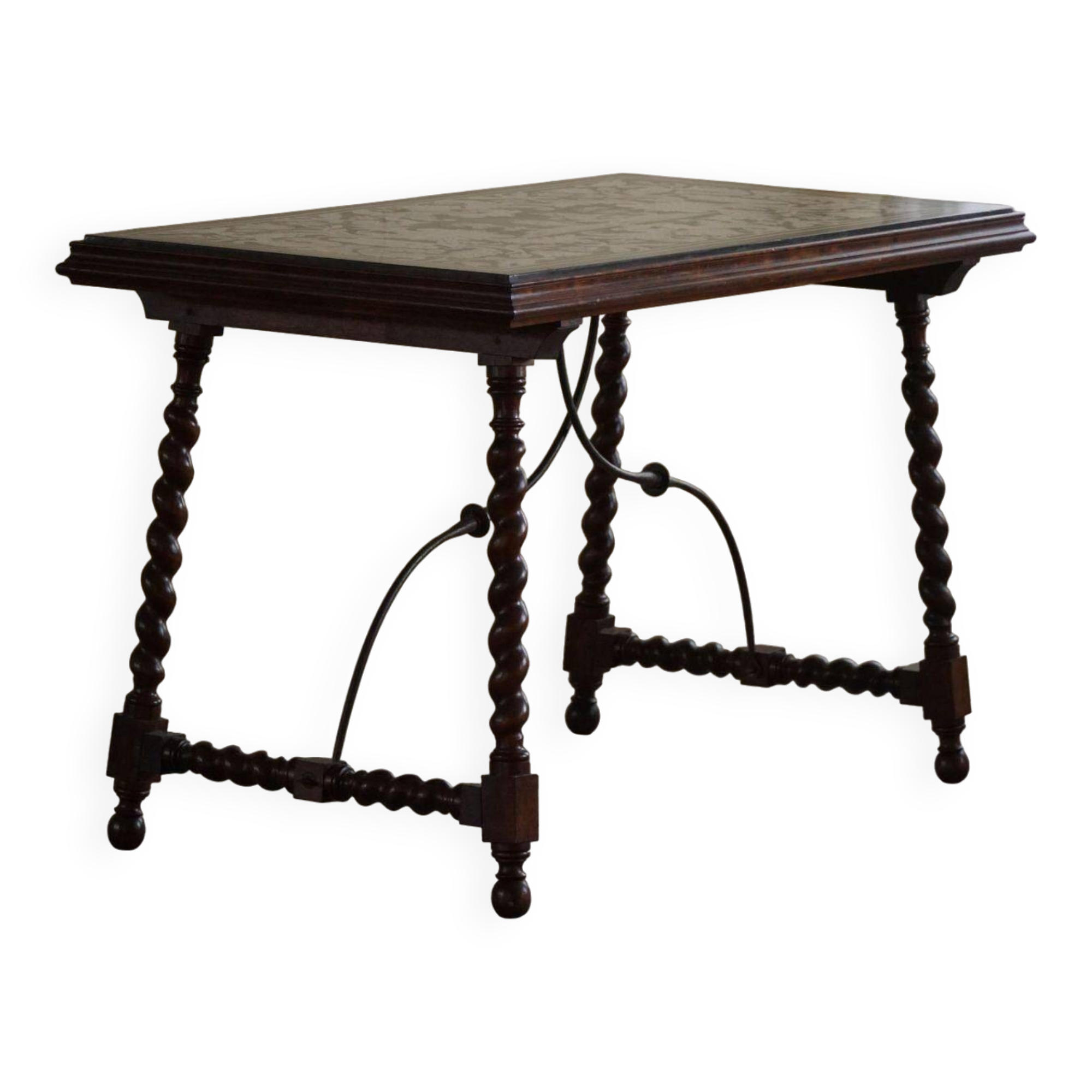 Antique Italian desk table, walnut and marble, Naples, 19th century.