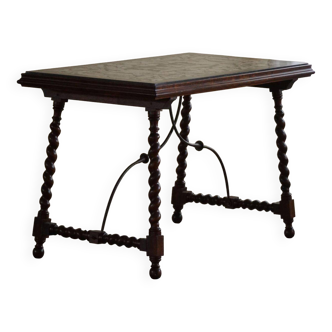 Antique Italian desk table, walnut and marble, Naples, 19th century.