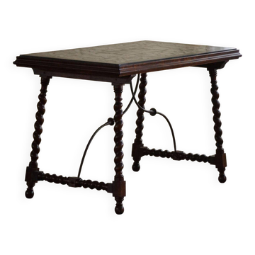 Antique Italian desk table, walnut and marble, Naples, 19th century.