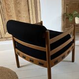 Scandinavian lounge chair COJA in wood and leather, 1960s