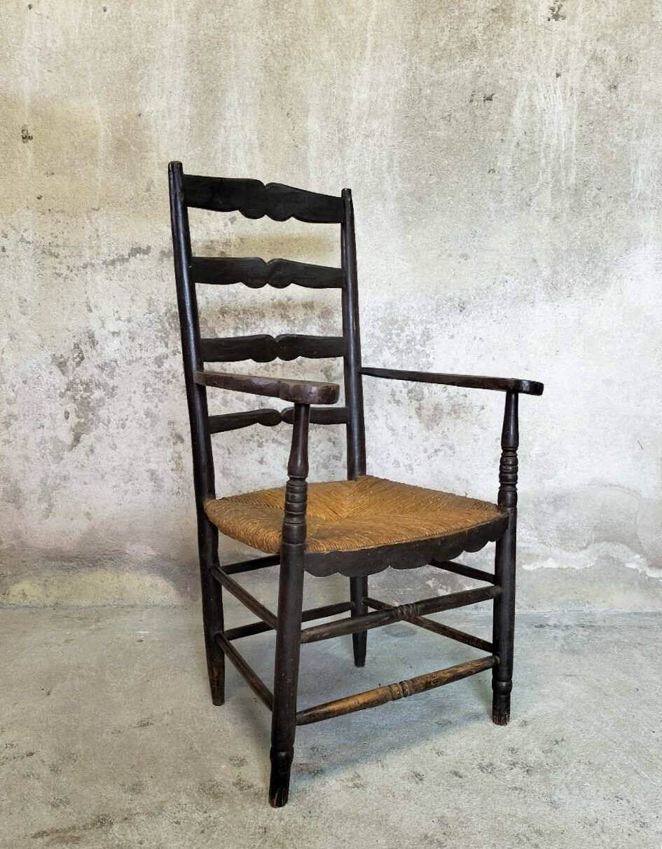 High back straw armchair