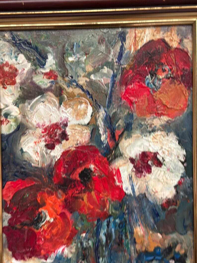 Swedish Oil on Canvas“Red Poppies and White Blossoms” by L. Stokes, Vintage