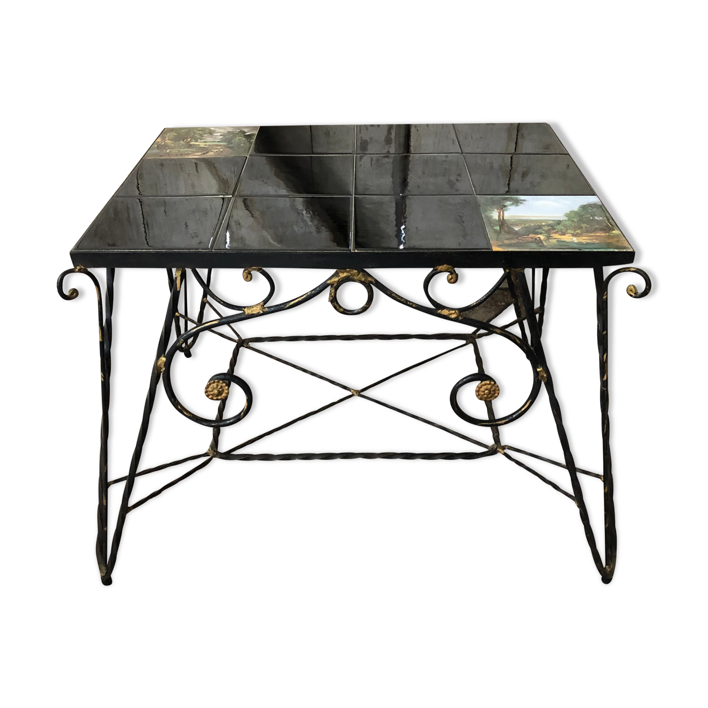 Old Coffee Table Wrought Iron Black & Gold + Tray Ceramic Tiles Vintage